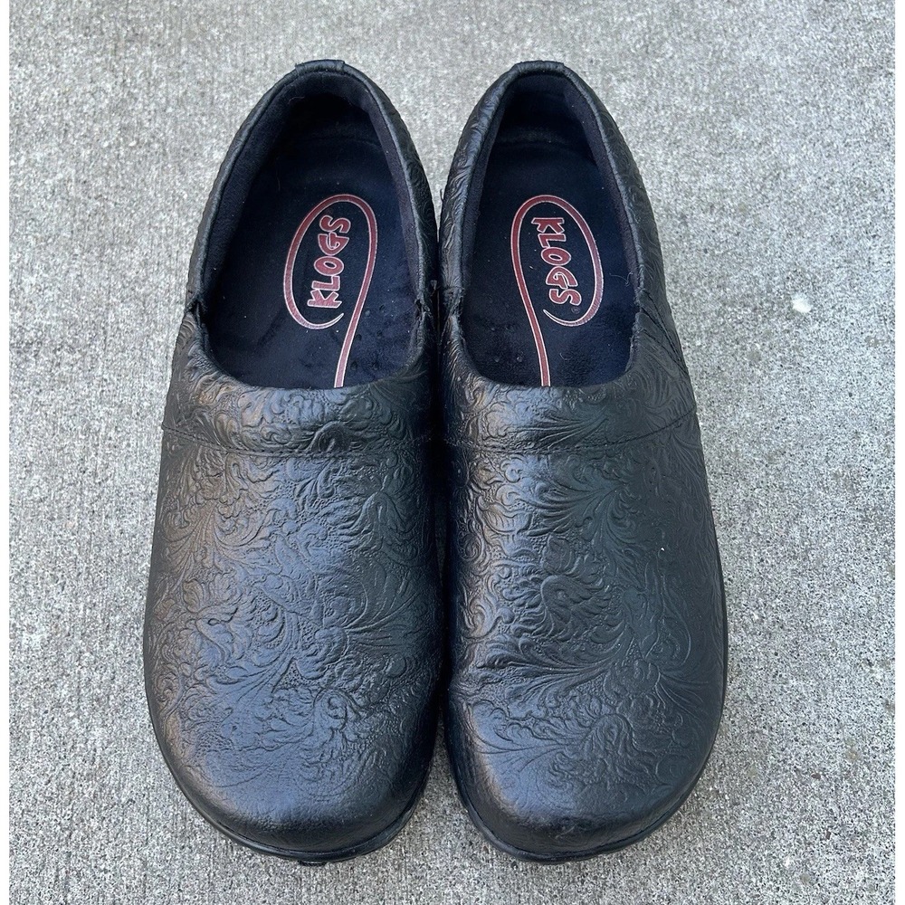 Klogs Black Floral Tooled Work Shoes Women's 10.5 Slip Resistant EUC